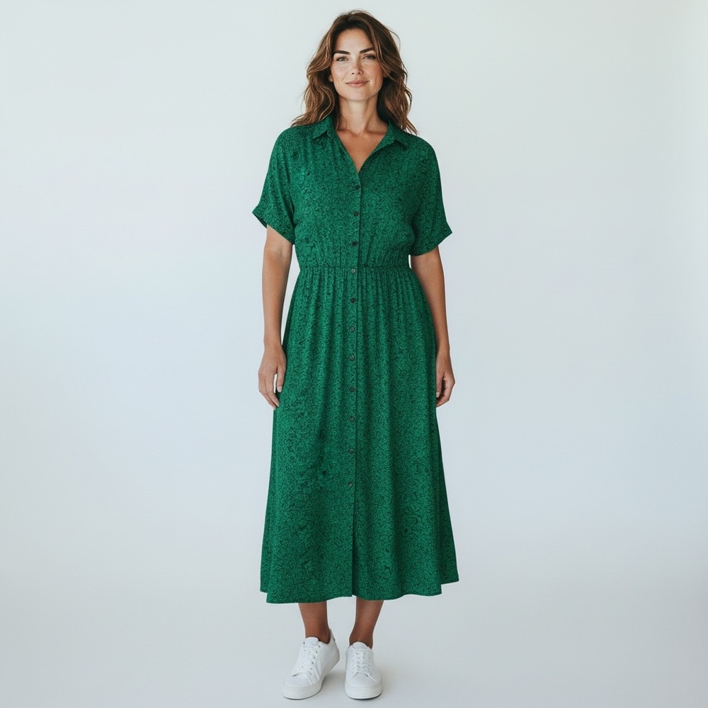 Laine VTG Emerald Green Maxi Dress Women Sz 7/8 Button Front Short Sleeve W belt